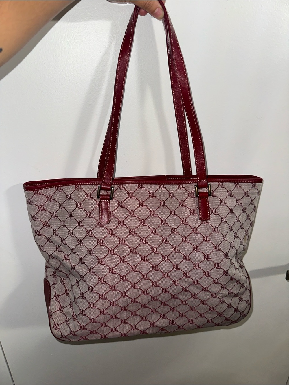 Ralph Lauren Burgundy and Cream Jacquard Tote